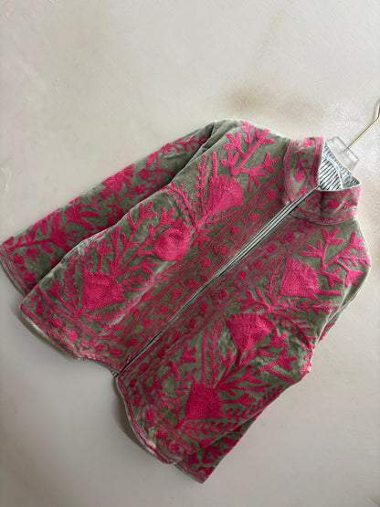 The Sagewood Bloom — Suzani Hand-Embroidered Velvet Jacket — Sage Green with Rani Pink Florals