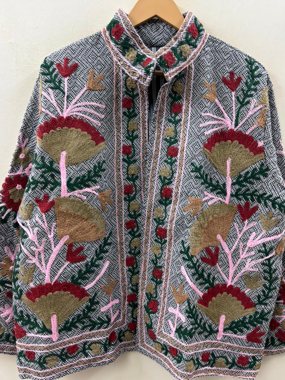 The Garden of Karez — Hand-Embroidered Cotton Jacket — Salt & Pepper Weave with Carnation Bloom - Default Title - Zoshak Jacket