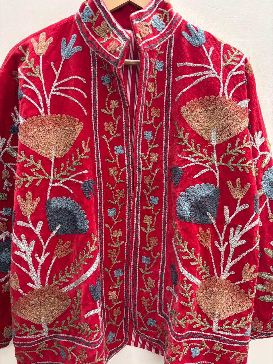 The Gulbagh — Suzani Chain-Stitch Velvet Jacket — Crimson Red