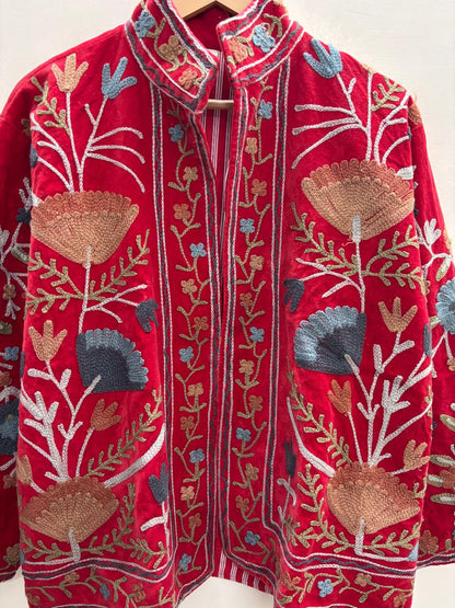 The Gulbagh — Suzani Chain-Stitch Velvet Jacket — Crimson Red