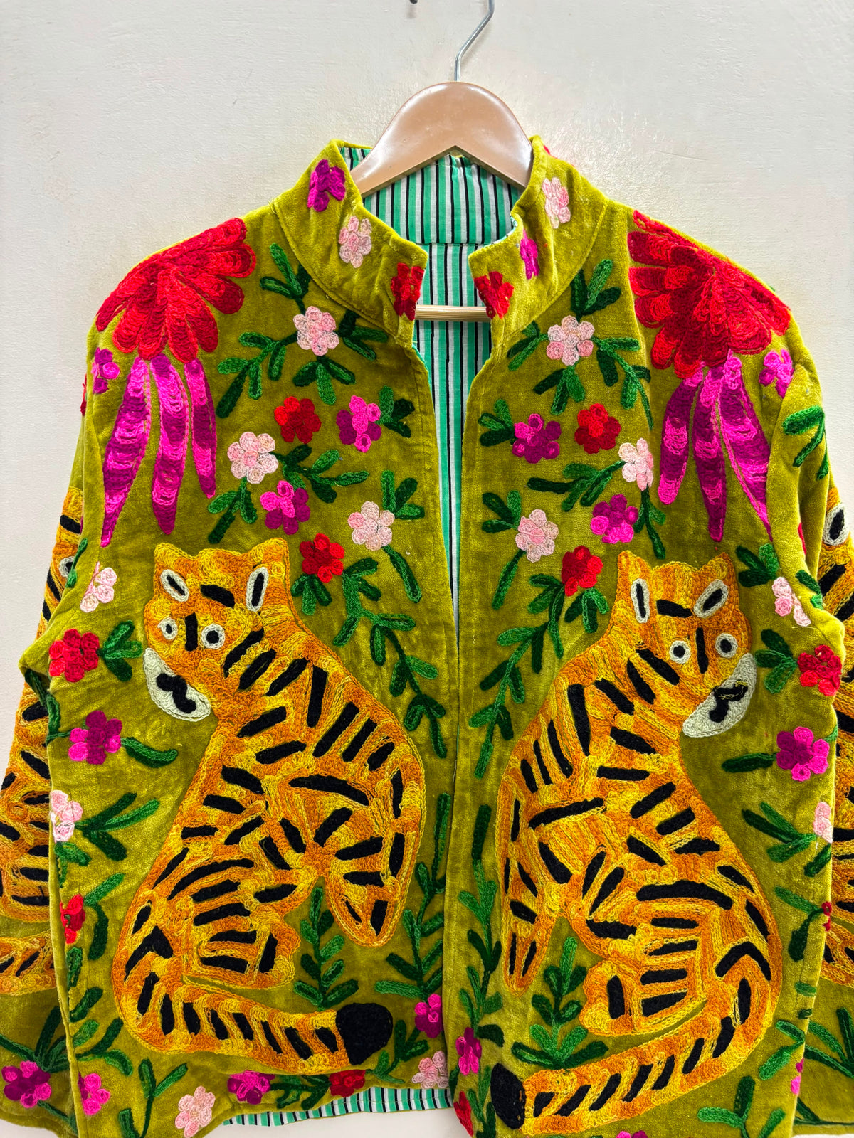 The Bagh Suzani — Hand-Embroidered Velvet Jacket — Moss Green with Tiger & Marigold Motifs