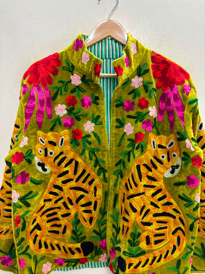 The Bagh Suzani — Hand-Embroidered Velvet Jacket — Moss Green with Tiger & Marigold Motifs