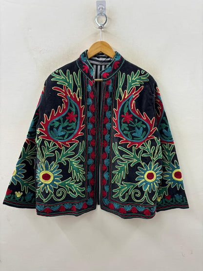 The Samarkand Garden — Suzani Hand-Embroidered Velvet Jacket — Midnight Black