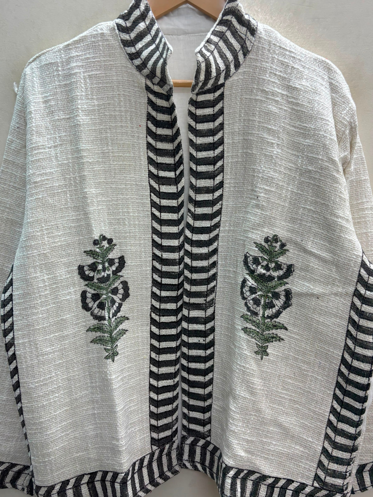 The Marigold Bloom — Hand Block-Printed Cotton Jacket — Undyed Ivory with Ebony Chevron Trim