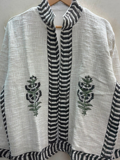The Marigold Bloom — Hand Block-Printed Cotton Jacket — Undyed Ivory with Ebony Chevron Trim
