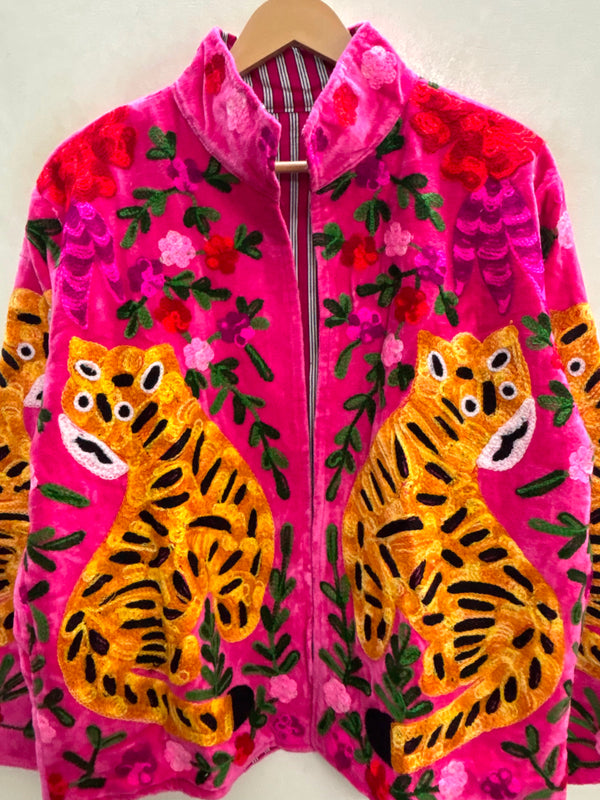 The Bengal Bloom — Suzani Embroidered Velvet Jacket — Fuchsia Pink with Amber Tiger