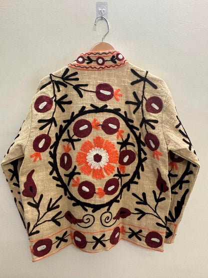The Anaar Bagh — Suzani Embroidered Cotton Jacket — Ivory with Maroon & Marigold Blooms