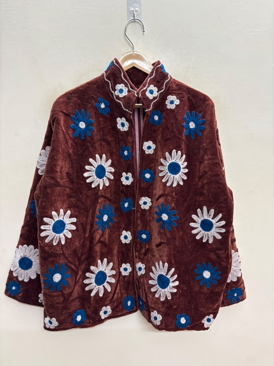 The Marwar Bloom — Suzani Embroidered Velvet Jacket — Rust Brown with Cobalt & Ivory Florals
