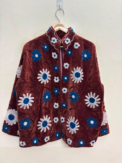 The Marwar Bloom — Suzani Embroidered Velvet Jacket — Rust Brown with Cobalt & Ivory Florals
