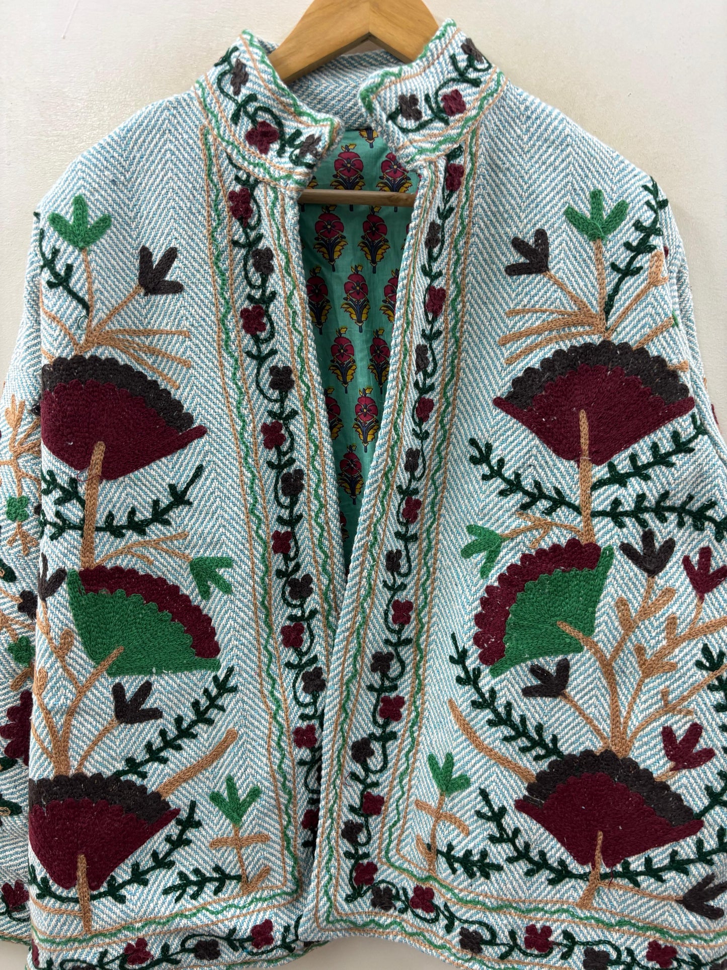 The Forest Bloom — Hand-Embroidered Cotton Jacket — Sage Herringbone - Default Title - Zoshak Jacket