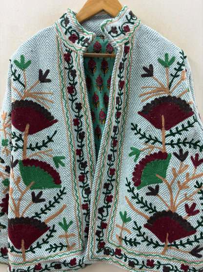 The Forest Bloom — Hand-Embroidered Cotton Jacket — Sage Herringbone - Default Title - Zoshak Jacket