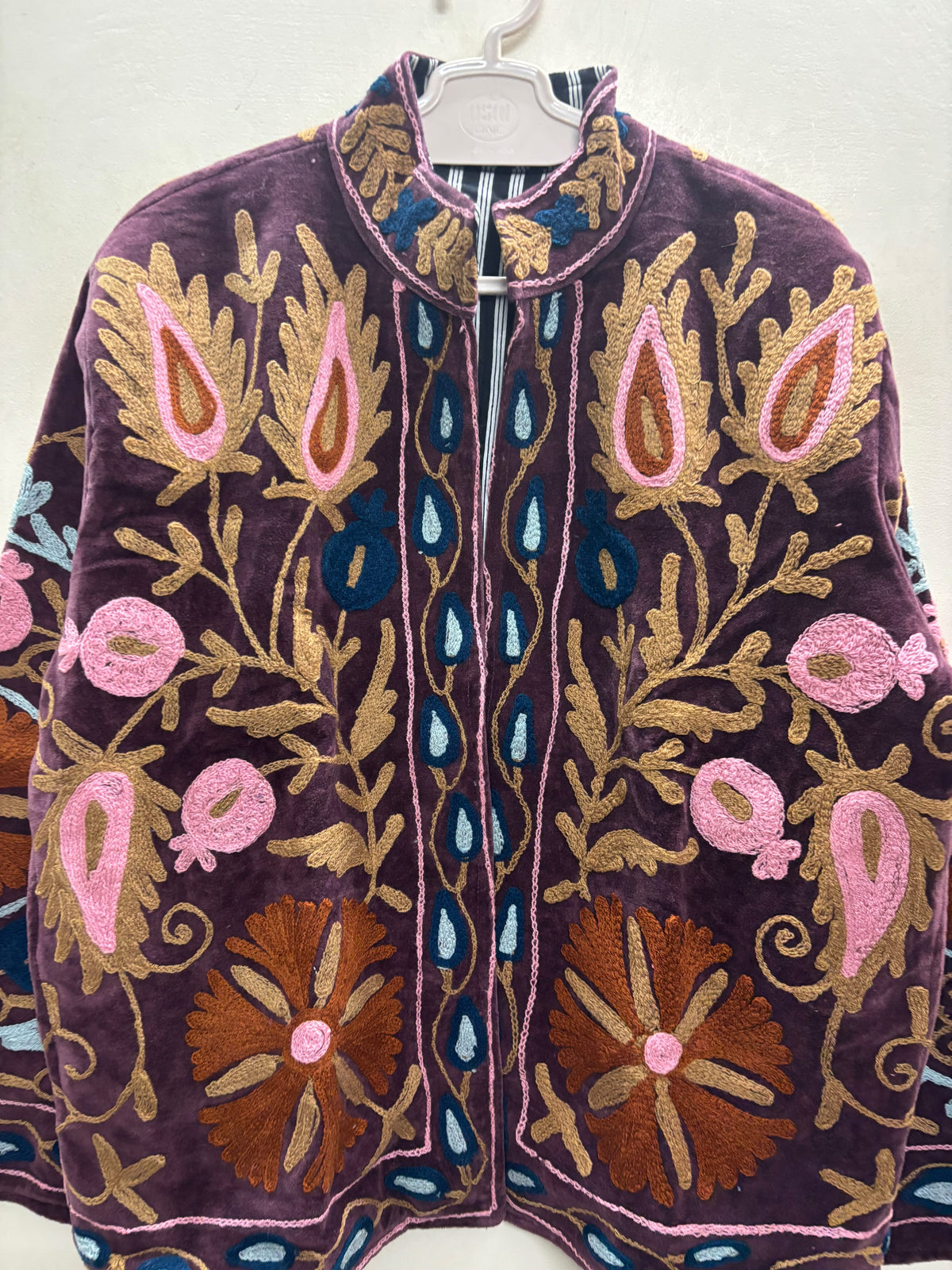 The Shiraz Anar — Suzani Hand-Embroidered Velvet Jacket — Aubergine Plum with Rust, Pink & Teal Florals