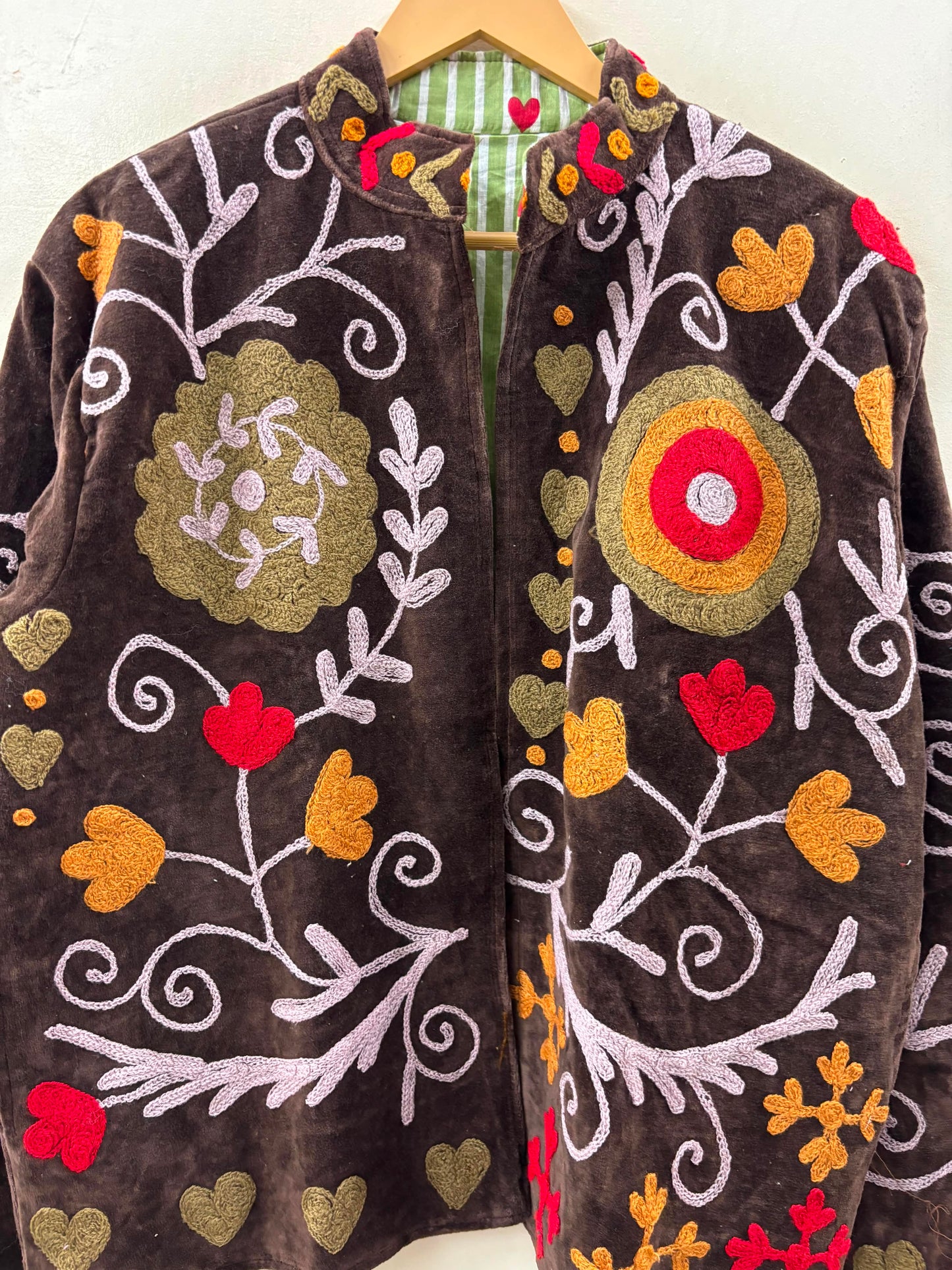 The Anar Baagh — Suzani Embroidered Velvet Jacket — Espresso Brown with Marigold & Ruby Blooms