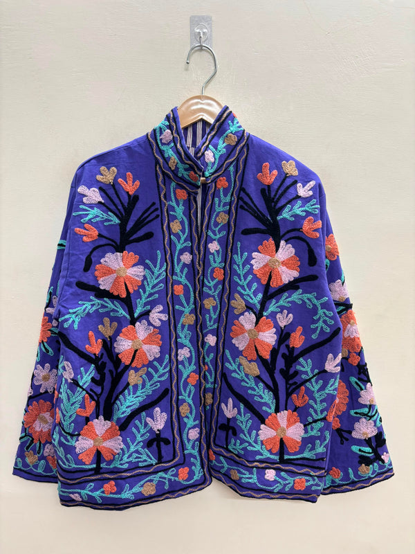 The Twilight Meadow — Suzani Embroidered Cotton Jacket — Violet & Coral Bloom