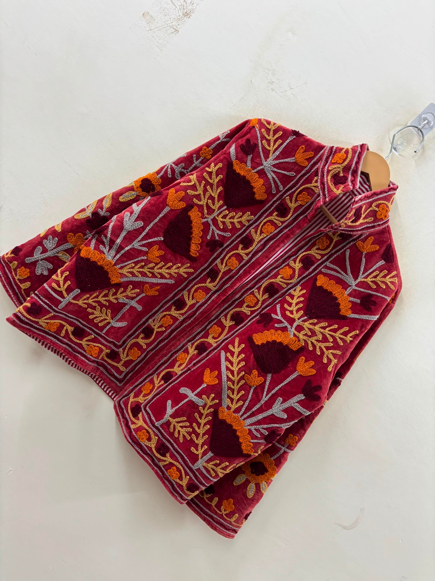 The Marigold Bloom — Suzani Embroidered Velvet Jacket — Rosewood Red with Amber & Burgundy Florals
