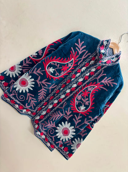 The Samarkand Nights — Suzani Embroidered Velvet Jacket — Denim Blue with Raspberry & Lilac Bloom