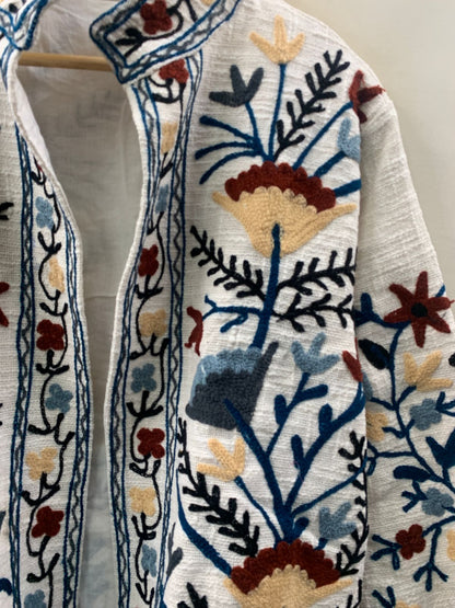 The Garden of Wandering Vines — Suzani-Inspired Chain Stitch Cotton Jacket — Ivory & Indigo - Default Title - Zoshak Jacket