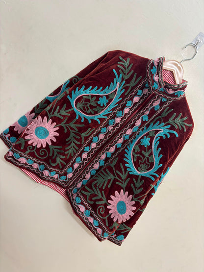 The Zafar Bloom — Suzani Embroidered Velvet Jacket — Brick Maroon with Turquoise & Rose