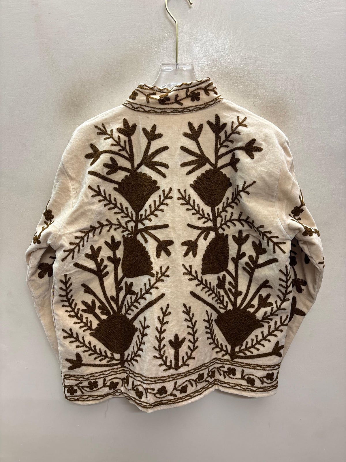 The Zaitoon Bostan — Suzani Hand-Embroidered Velvet Jacket — Ivory with Olive Brown Florals