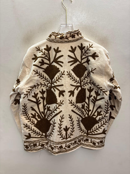 The Zaitoon Bostan — Suzani Hand-Embroidered Velvet Jacket — Ivory with Olive Brown Florals