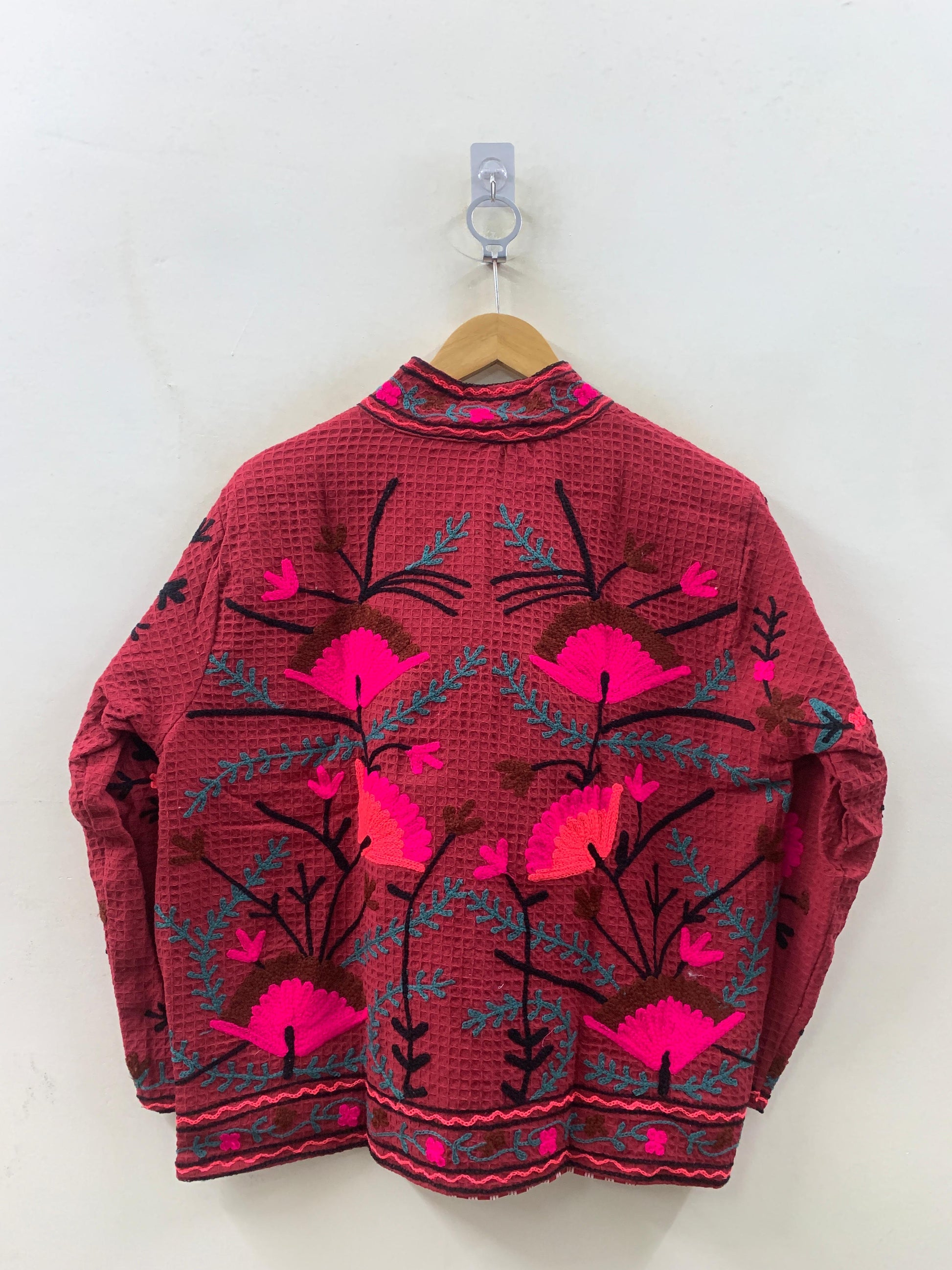 The Berry Suzani — Coral Flame — Hand-Embroidered Waffle Cotton Jacket - Default Title - Zoshak
