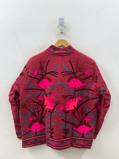 The Berry Suzani — Coral Flame — Hand-Embroidered Waffle Cotton Jacket - Default Title - Zoshak