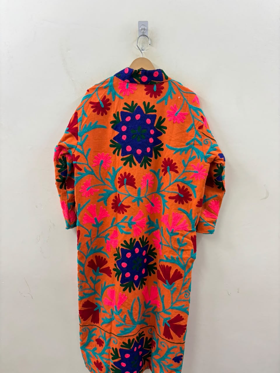 The Marigold Suzani — Hand-Embroidered Wool Kimono — Saffron Orange with Cobalt & Teal Florals