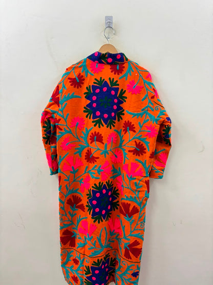 The Marigold Suzani — Hand-Embroidered Wool Kimono — Saffron Orange with Cobalt & Teal Florals
