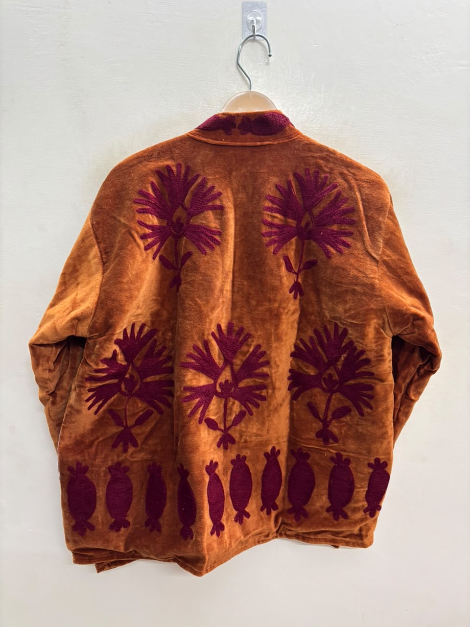 The Rangoli Koi — Suzani-Embroidered Velvet Jacket — Rust Orange with Maroon Fish & Bloom Motifs