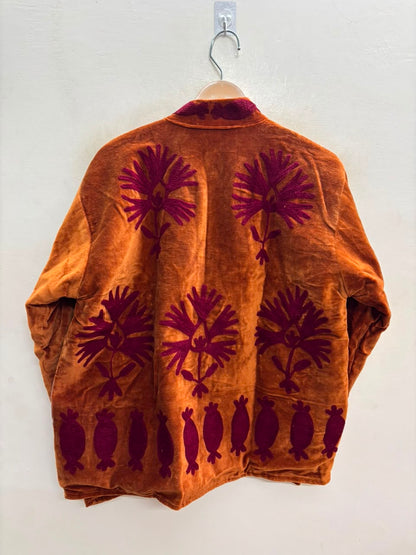 The Rangoli Koi — Suzani-Embroidered Velvet Jacket — Rust Orange with Maroon Fish & Bloom Motifs
