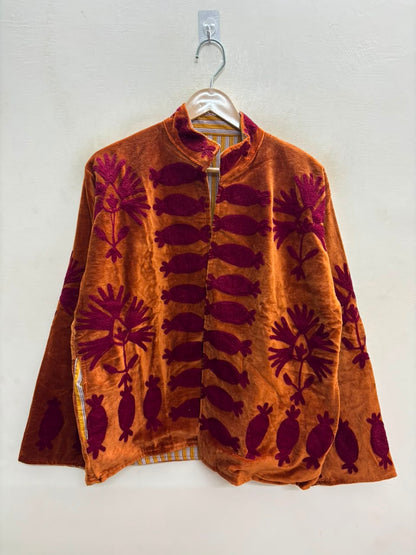 The Rangoli Koi — Suzani-Embroidered Velvet Jacket — Rust Orange with Maroon Fish & Bloom Motifs