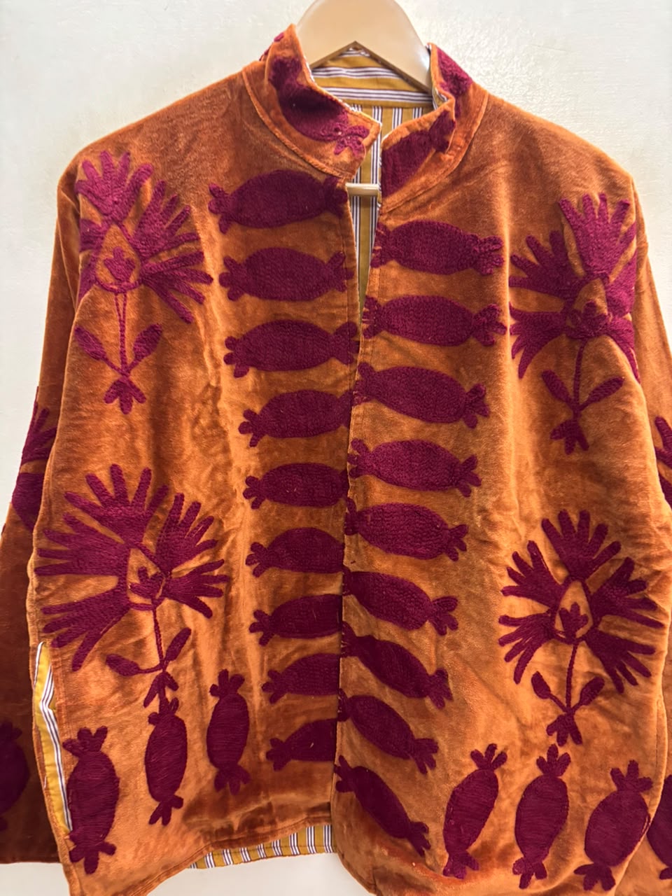 The Rangoli Koi — Suzani-Embroidered Velvet Jacket — Rust Orange with Maroon Fish & Bloom Motifs