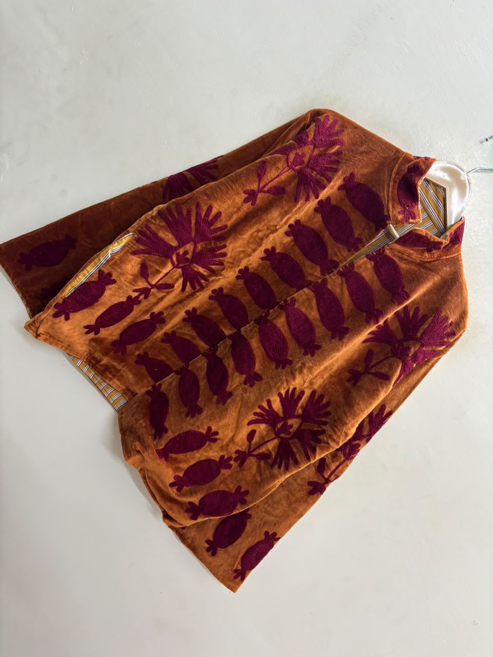 The Rangoli Koi — Suzani-Embroidered Velvet Jacket — Rust Orange with Maroon Fish & Bloom Motifs