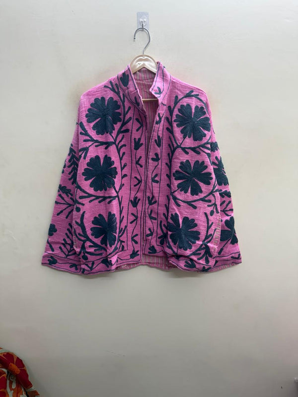 The Gulabi Bageecha — Suzani Hand-Embroidered Cotton Jacket — Bubblegum Pink with Charcoal Florals