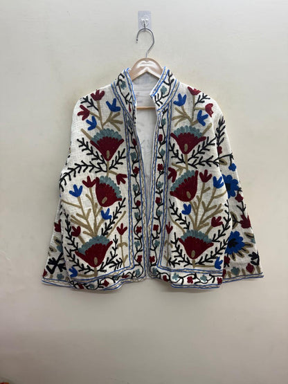 The Bagh-e-Suzani — Hand-Embroidered TNT Cotton Jacket — Ivory with Maroon & Indigo Florals