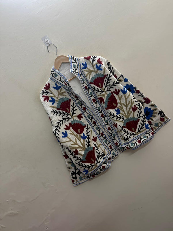 The Bagh-e-Suzani — Hand-Embroidered TNT Cotton Jacket — Ivory with Maroon & Indigo Florals