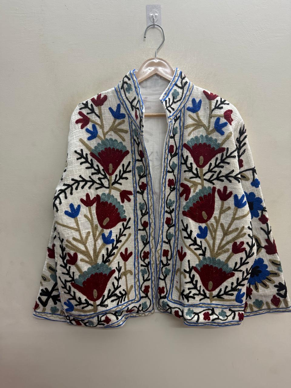The Bagh-e-Suzani — Hand-Embroidered TNT Cotton Jacket — Ivory with Maroon & Indigo Florals