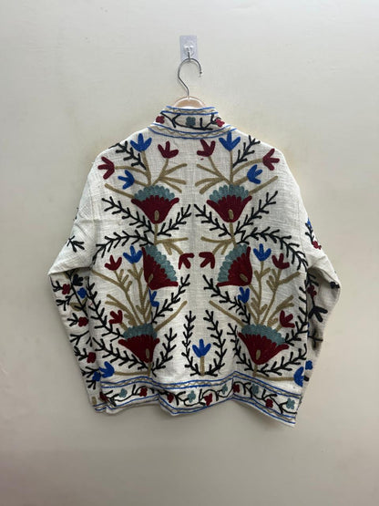 The Bagh-e-Suzani — Hand-Embroidered TNT Cotton Jacket — Ivory with Maroon & Indigo Florals