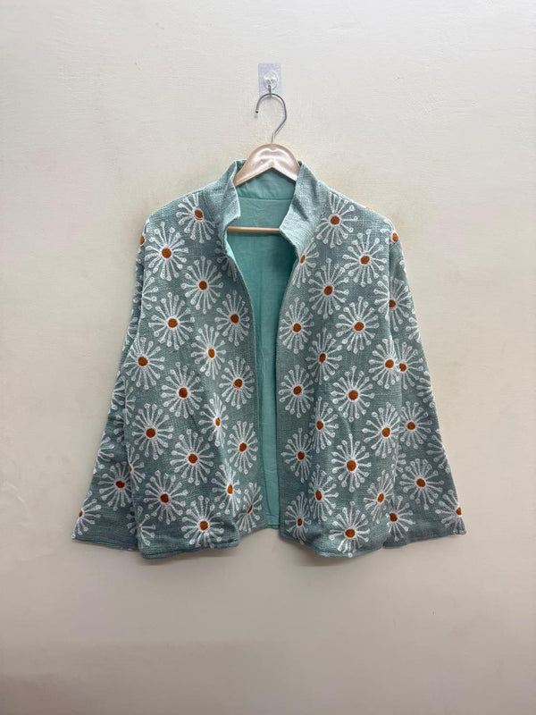 The Marusthal Bloom — Suzani Embroidered Cotton Jacket — Sea-Green with Ivory Daisies