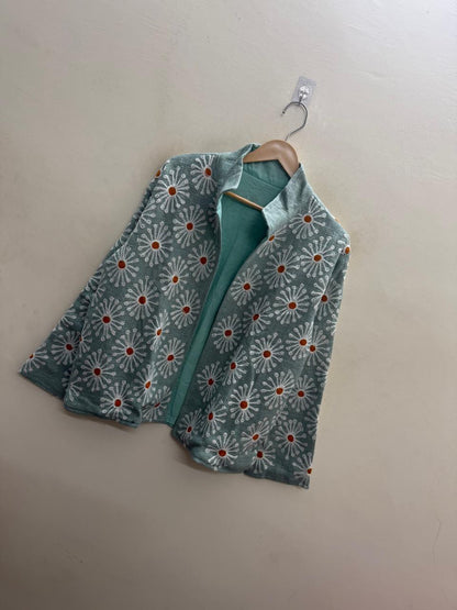 The Marusthal Bloom — Suzani Embroidered Cotton Jacket — Sea-Green with Ivory Daisies