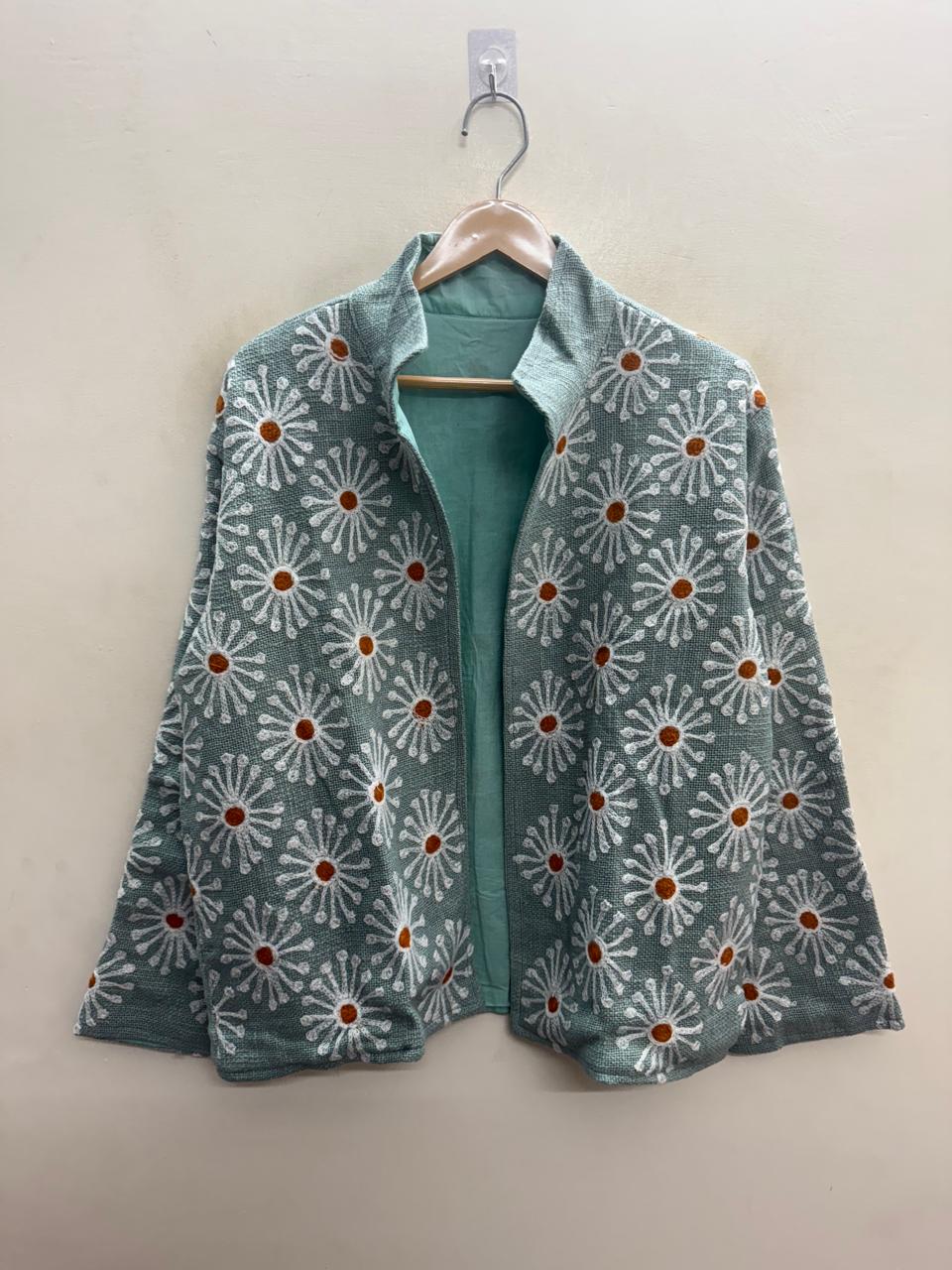 The Marusthal Bloom — Suzani Embroidered Cotton Jacket — Sea-Green with Ivory Daisies