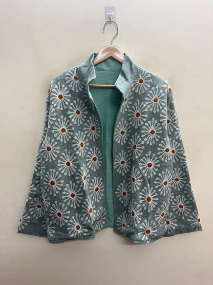 The Marusthal Bloom — Suzani Embroidered Cotton Jacket — Sea-Green with Ivory Daisies