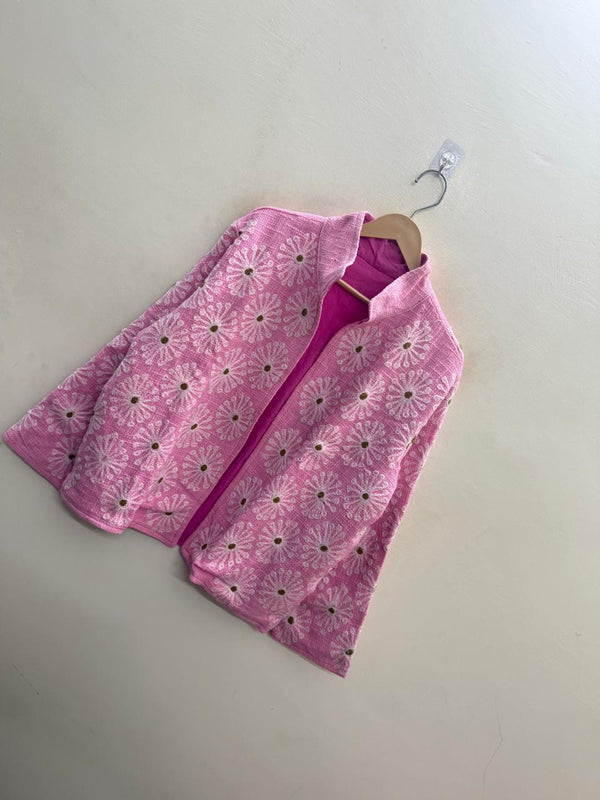 The Marigold Bloom — Suzani-Style Embroidered Cotton Jacket — Bubblegum Pink with Ivory Florals