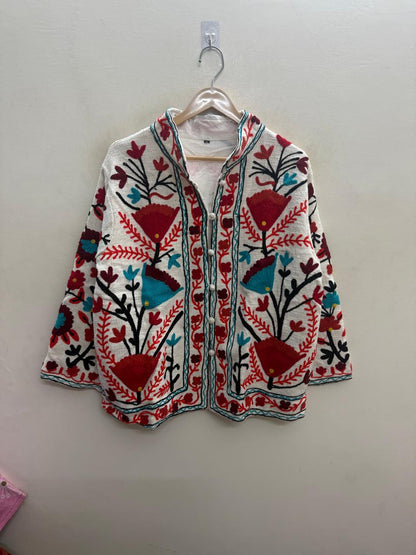 The Anaar Bloom — Suzani-Embroidered Cotton Jacket — Ivory with Crimson & Turquoise