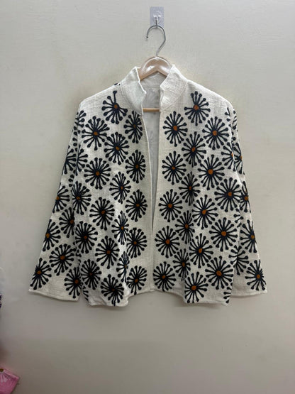 The Marigold Bloom — Suzani-Embroidered Textured Cotton Jacket — Ivory with Indigo & Ochre