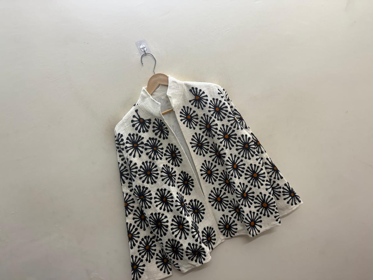 The Marigold Bloom — Suzani-Embroidered Textured Cotton Jacket — Ivory with Indigo & Ochre