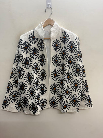 The Marigold Bloom — Suzani-Embroidered Textured Cotton Jacket — Ivory with Indigo & Ochre