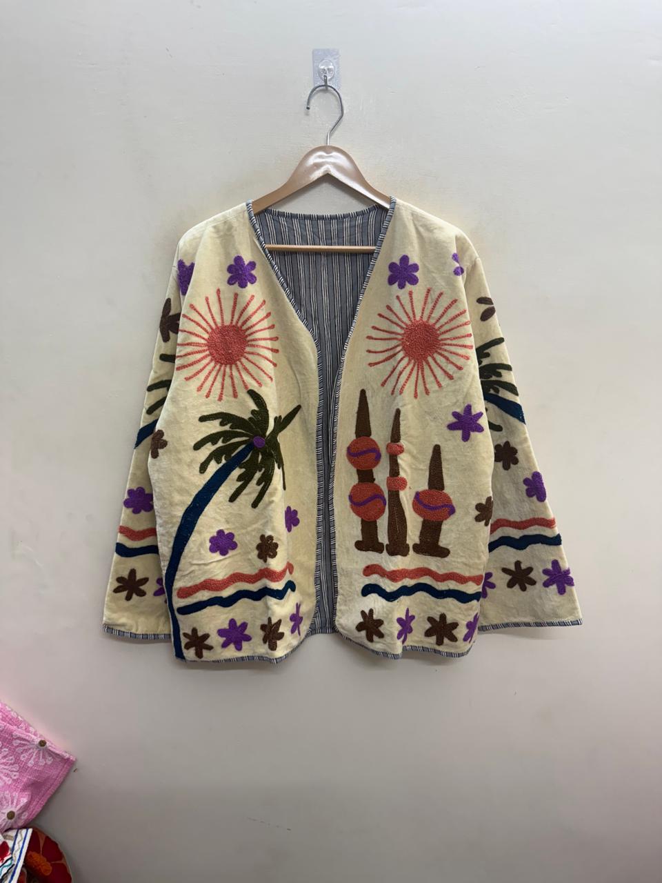 The Oasis Suzani — Hand-Embroidered Velvet Jacket — Ivory with Coral Sunbursts