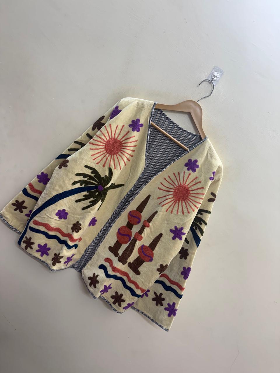 The Oasis Suzani — Hand-Embroidered Velvet Jacket — Ivory with Coral Sunbursts