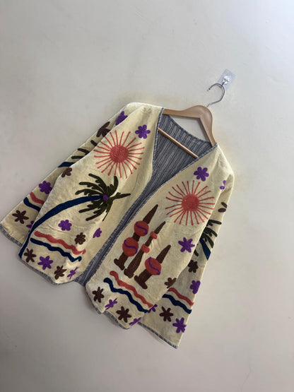 The Oasis Suzani — Hand-Embroidered Velvet Jacket — Ivory with Coral Sunbursts